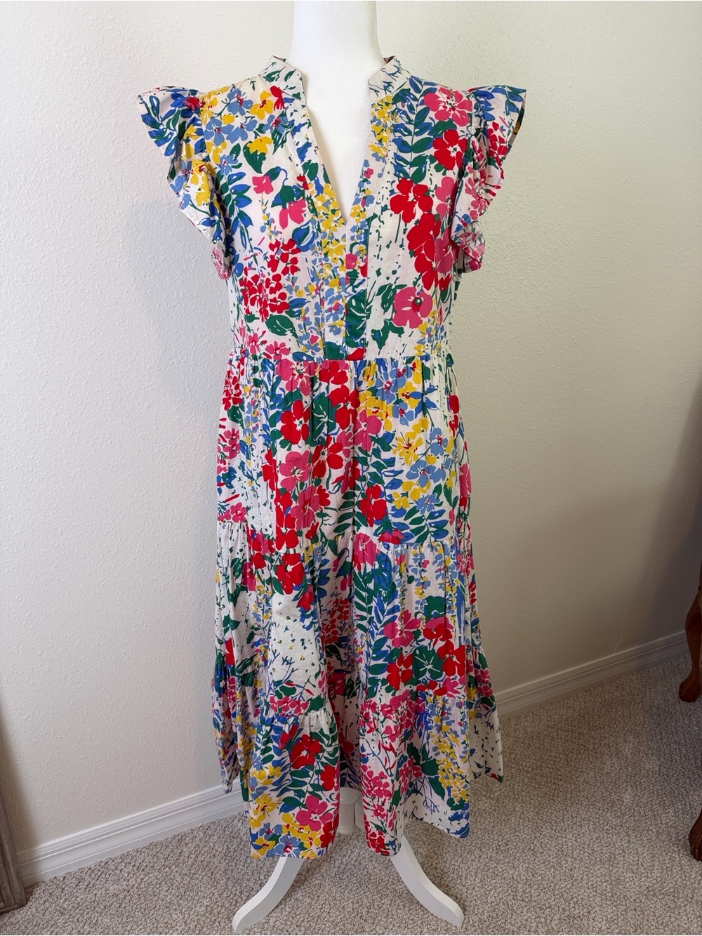 Floral Print V-Neck Ruffle Sleeve Midi Dress